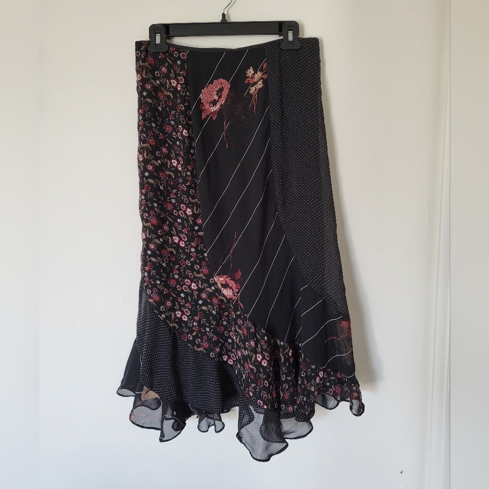 Black, paneled, floral midi skirt